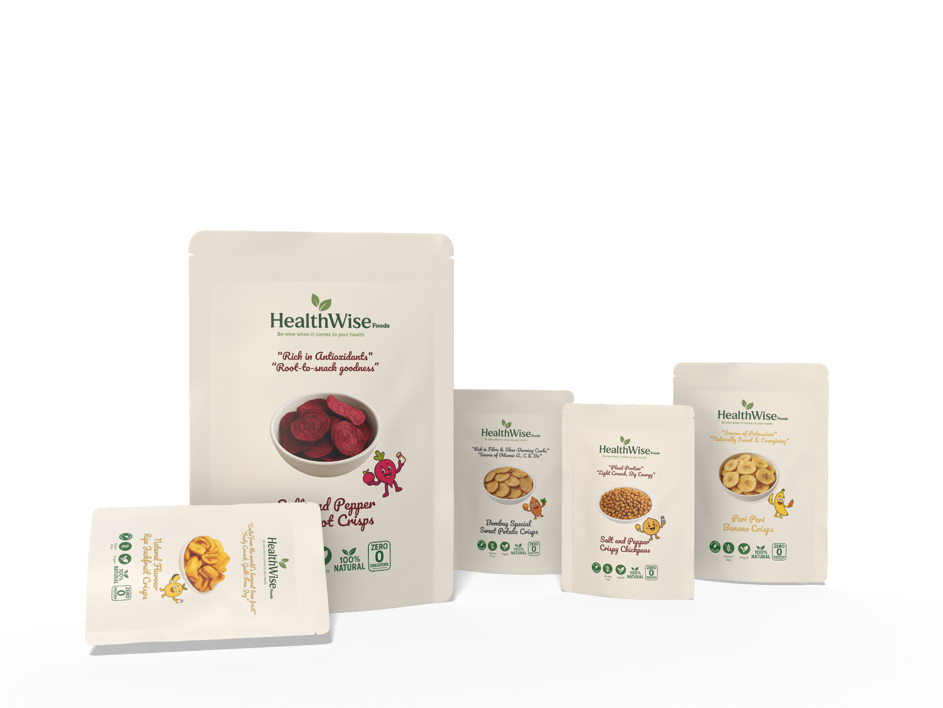 The complete HealthWise Foods range of vacuum fried fruit and vegetable crisps